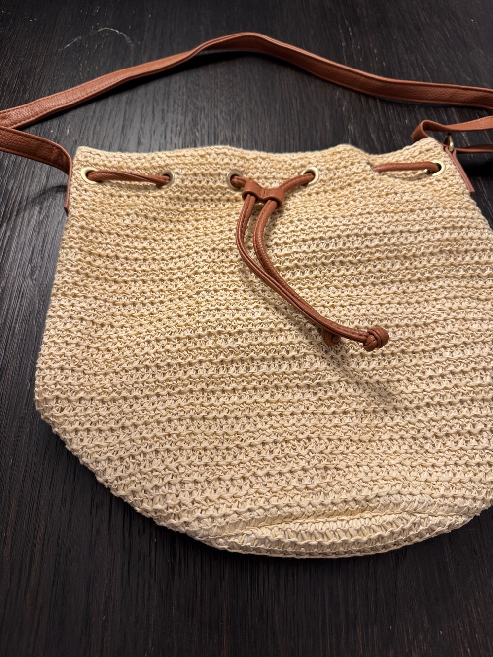 Montce Cream Crochet Shoulder Bag with Brown Trim